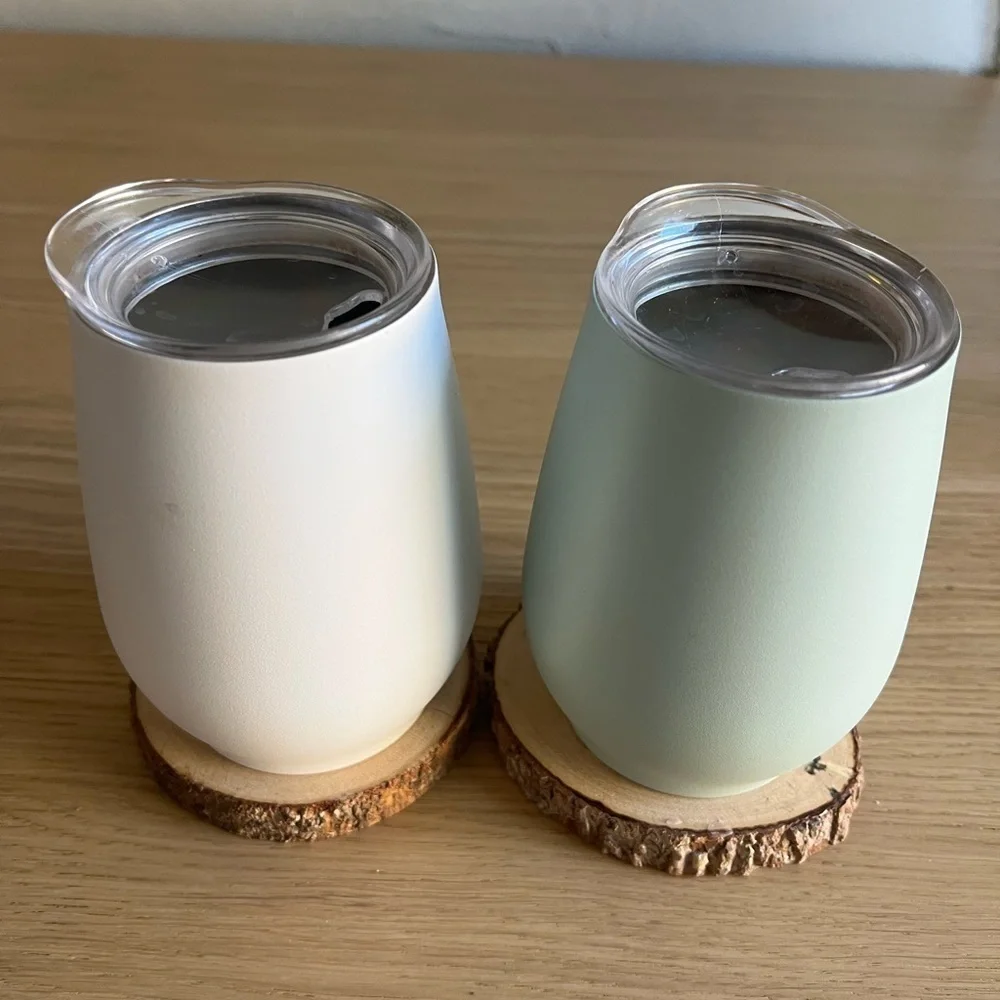 Set of 2 Double Wall Insulated Tumblers Wine, Coffee, or Lowball Glasses & Lids